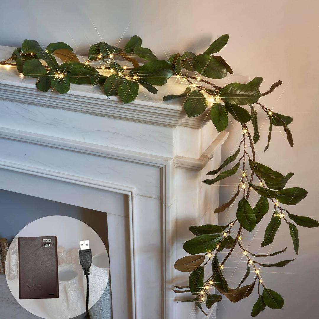 LITBLOOM Faux Magnolia Garland with Lights 6FT Battery Operated with Timer or USB Plug in, Lighted Greenery Garland with 80 Fairy Lights for Home Fireplace Mantle Holiday Decoration Inside