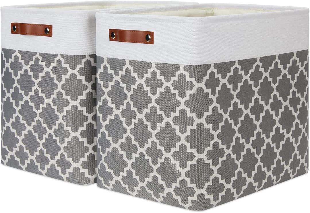 Storage Baskets Large 17"x12"x15" Foldable Rectangular Storage Bins Baskets for Organizing [2 Pack] Fabric Nursery Storage Baskets for Home,Office,Closet,Clothes,Toys (White&Lattice Grey)