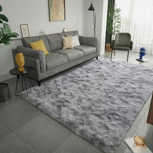LOCHAS Luxury Fluffy Rainbow Area Rug for Girls Bedroom 4'x6', Soft Fuzzy Kids Rugs for Bedroom Boys Playroom, Cute Colorful Tie Dye Princess Carpet for Nursery Living Room Home Decor, Light Grey