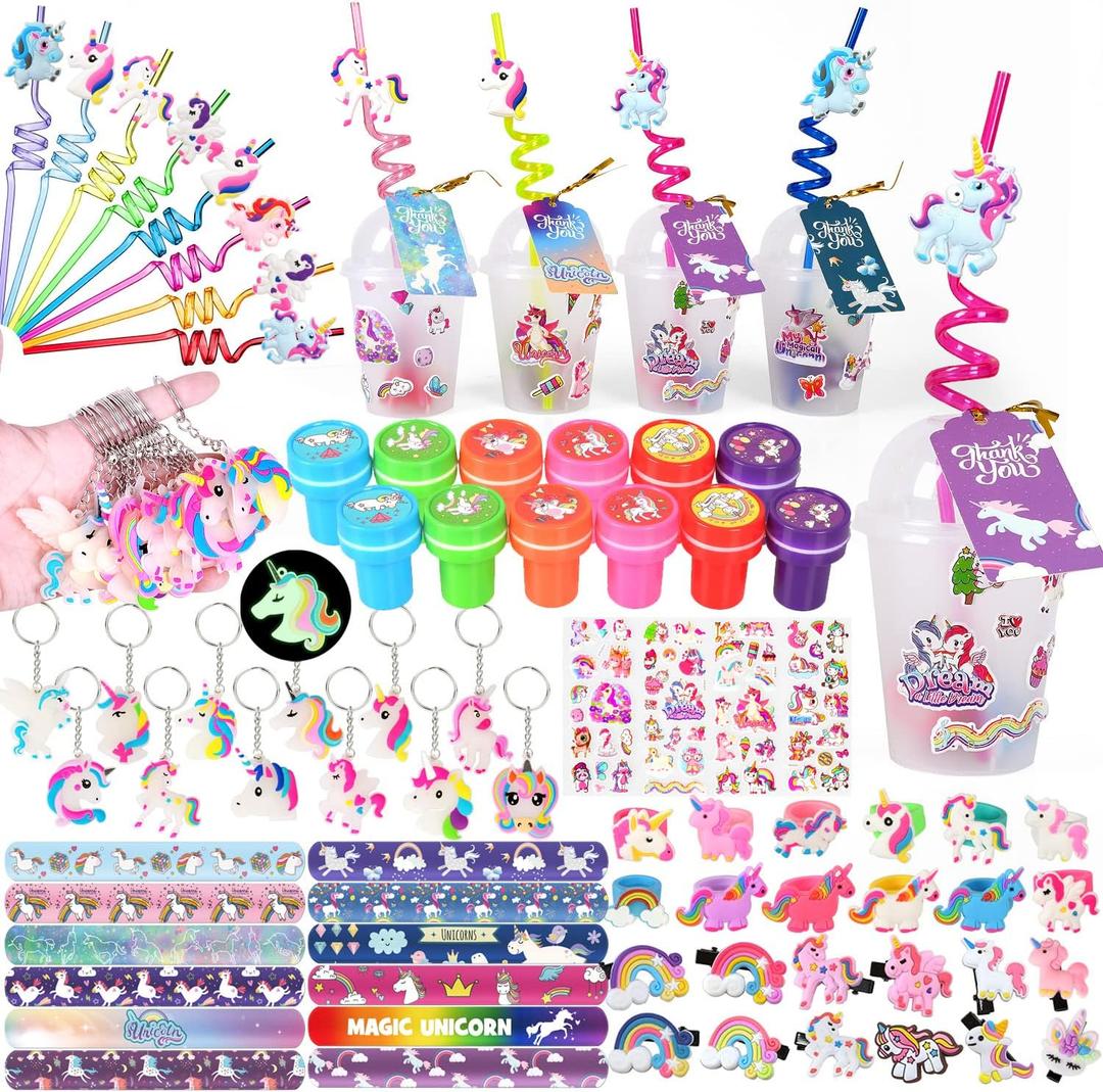 MOVINPE Unicorn Party Favors Personalize Goody Cups with Gift Tags, Filled with Unicorn Themed Reusable Straws Stampers Luminous Keychains Slap Bracelets Hair Clips Rings 3D Stickers