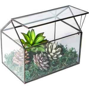 House Shape Close Glass Geometric Terrarium Tabletop Succulent Plant House Garden Planter Moss Fern Swing Lid, Flower Pot for Plants Succulent, Air Plant (Black)
