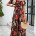 Gardenwed Women's Floral Wide Leg Jumpsuit, Ruffle Short Sleeve Square Neck Summer Casual Palazzo Romper with Pockets (Medium)