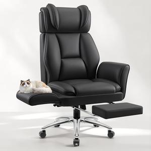Fidom Big and Tall Office Chair, Flip Armrests for Pets & Cross Legged Sitting, Ergonomic Leather Executive Desk Chair with Foot Rest, High-Back Reclining Computer Chairs for Office Home Game - Black