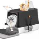 Stainless Steel Cat Litter Box, XL Enclosed Cat Litter Box with Lid, Easy to Clean High-Sided Metal Kitty with Top Entry, Scoop, Mat, Brush & Foot Pedal-Black