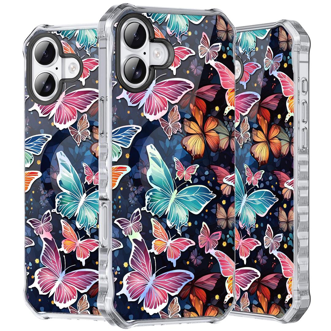 Hocase for iPhone 16 Plus Case, with [Curly Wave Edge & Shiny Design] [Compatible with MagSafe] [Reinforced Corners] Slim Fit Shockproof Protective Phone Case - Flying Butterflies
