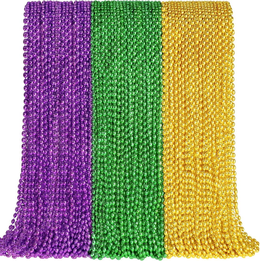 SHAOQINLIN 102 PCS Mardi Gras Beads, 30.5'' Metallic Gold Green Purple Mardi Gras Oval Beads Necklaces Mardi Gras Accessories Bulk Carnival Bead Necklace for Mardi Gras Parade Throws Party Favors