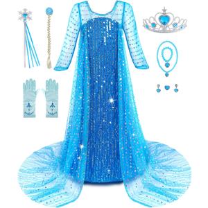 Aoiviss Princess Dresses for Girls Luxury Sequin Princess Costume Kids Fancy Dress up for Halloween Carnival Party Cosplay (9-10/150, Blue)