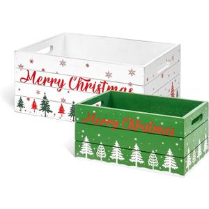 Red Co. Set of 2 White and Green Decorative Nesting Wooden Merry Christmas Storage Crate Organizers with Red Lettering