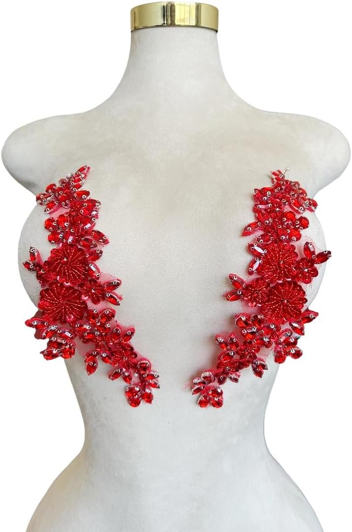 Handmade Bodice Rhinestones Applique Sewing Glass Beads Stones Crystal Trim Lace Patches for Dress Clothing Accessories 1pair/Bag 3.1X9.4inches (Red)