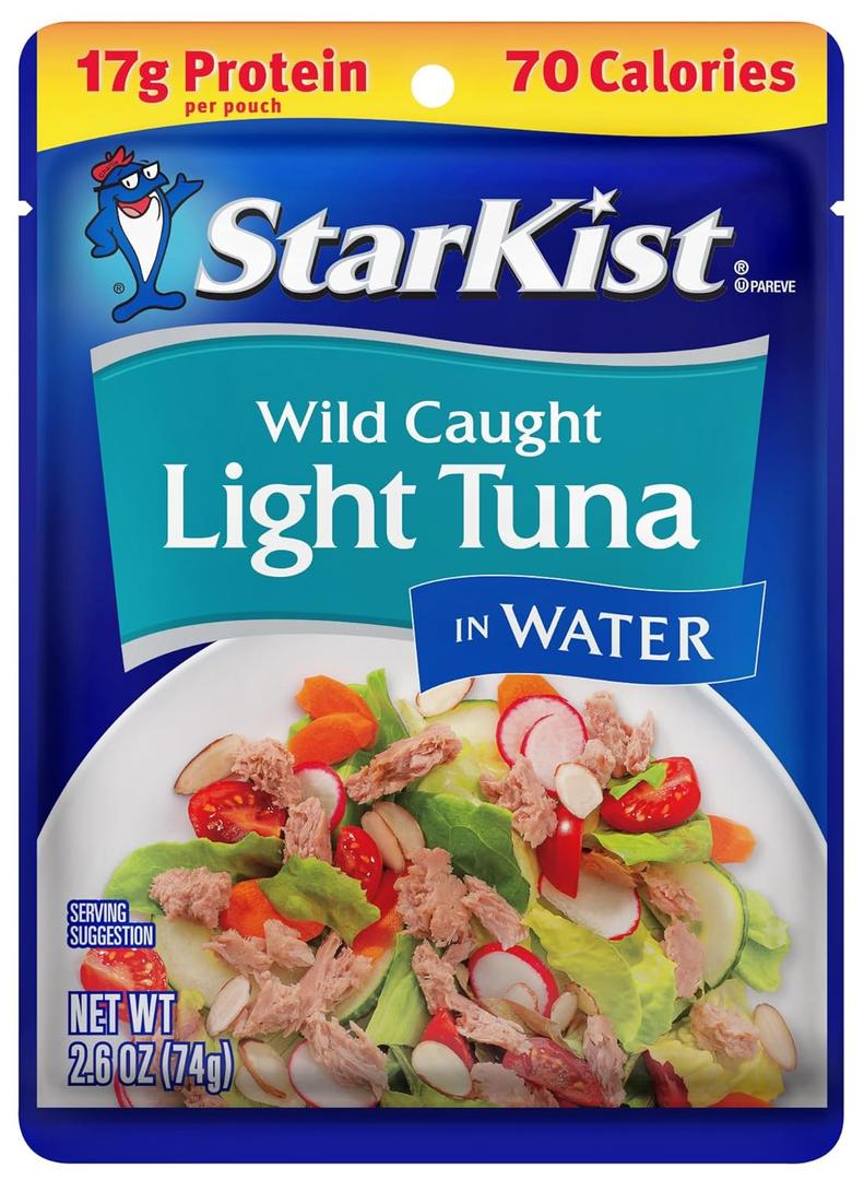 StarKist Chunk Light Tuna in Water, 2.6 oz Pouch Ready to Eat Wild Caught Tuna, 17g Protein, 70 Calories Per Serving, Gluten Free, Soy Free, Kosher, Perfect for Salads, Keto Meal & Snacks, (Pack of 25) BBD: 01-30-29