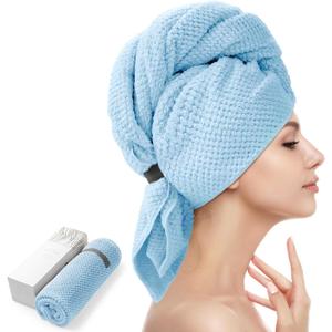 YFONG Large Hair Towel Wrap for Women, Super Absorbent Microfiber Hair Towel for Curly Hair, Fast Drying Hair Turbans with Elastic,Hair Drying Towel Wrap for Hair Care 26.3" X 40" (Blue)