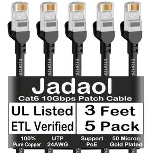 Jadaol Cat6 Ethernet Patch Cables 3ft 5-Pack, 10Gbps 24AWG Pure Copper RJ45 Cat6a Patch Cable, Support Cat8/7 Network, Outdoor&Indoor Rated for Patch Panel to Switch, Server, Router, Modem, PC - Black