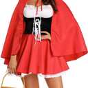 Cuteshower Women Little Red Riding Hood Costume for Adult Halloween Costume Party Dress with Hood Cape Size M