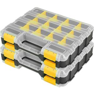 Tools Box Organizer Double Side 34 Compartments Hardware Organizers with Removable Plastic Dividers for Screws Nuts Nails (2 Pack, Yellow)