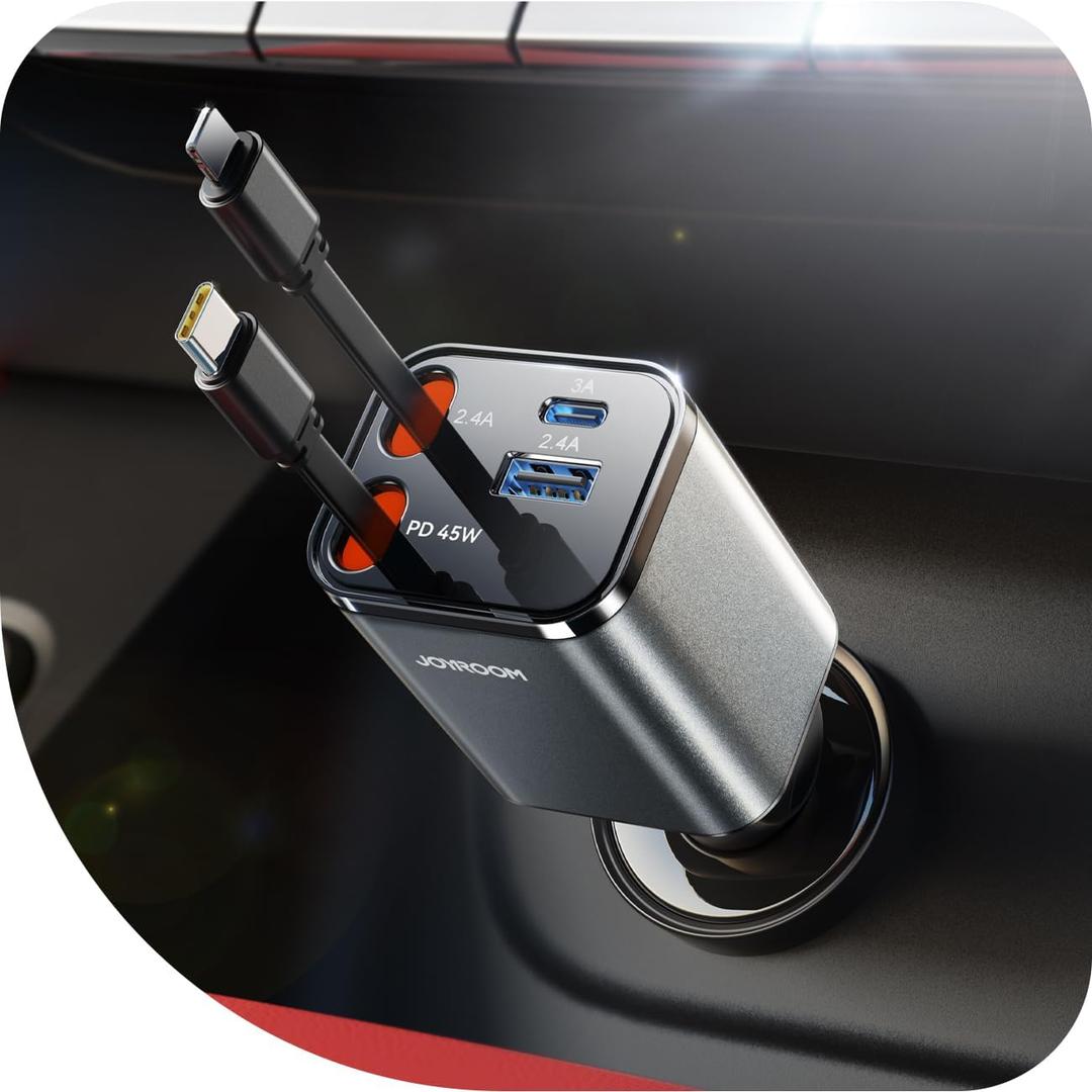 [2025 Ultra-Compact] JOYROOM Retractable Car Charger 84W Car Charger USB C for iPhone 16 Fast Charging, Car Accessories, Car Adapter Travel Essentials Gifts for Women Men, for iPhone 16 15 14 13 12 (Gray)
