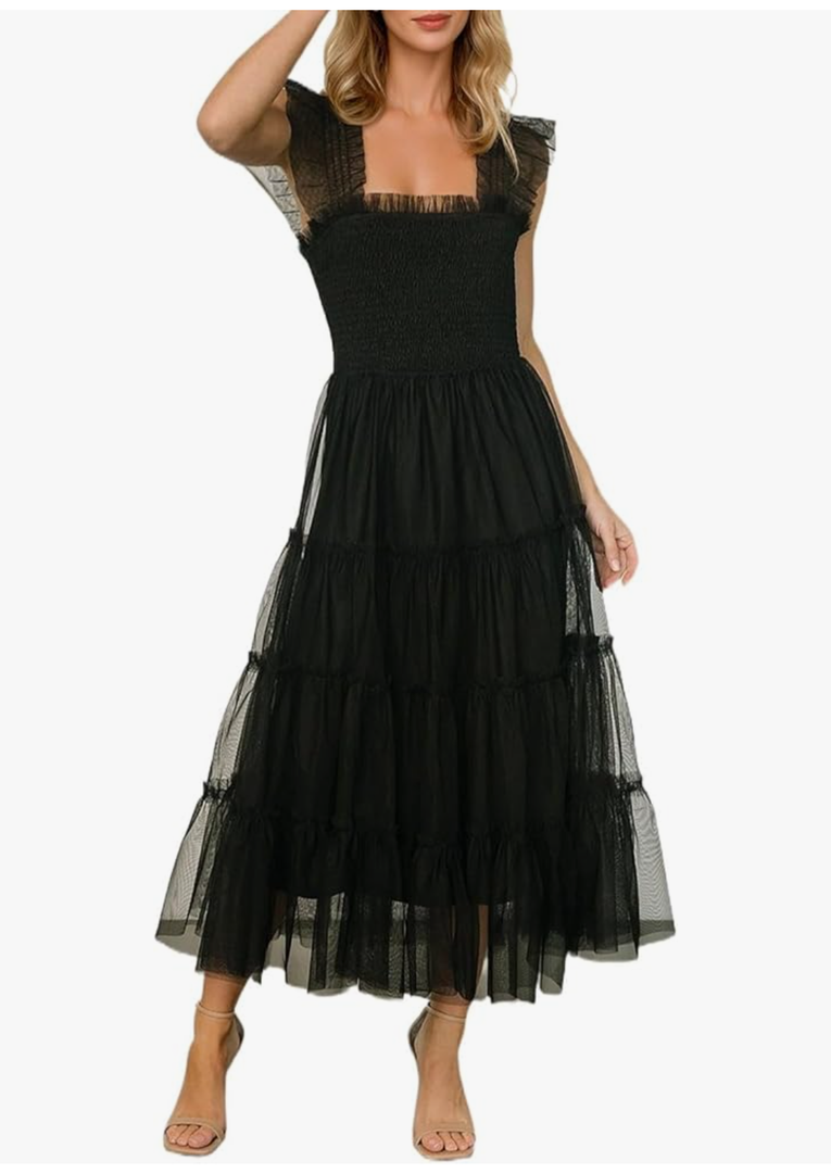 Women's Summer Midi Tulle Dress Sleeveless Smocked Square Neck Ruffle Flowy Party Wedding Guest Dresses