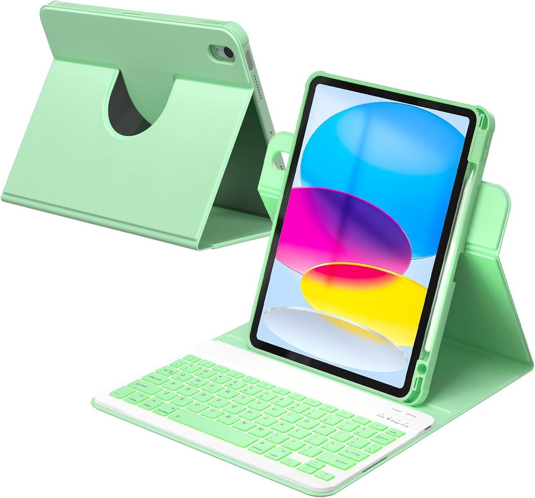 YBING Keyboard Case for iPad 10th Gen 10.9 inch(2022) & 11th Gen(A16, 2025), 7-Color Backlit Detachable Keypad & Rotatable Magnetic Case with Pencil Holder (Green)