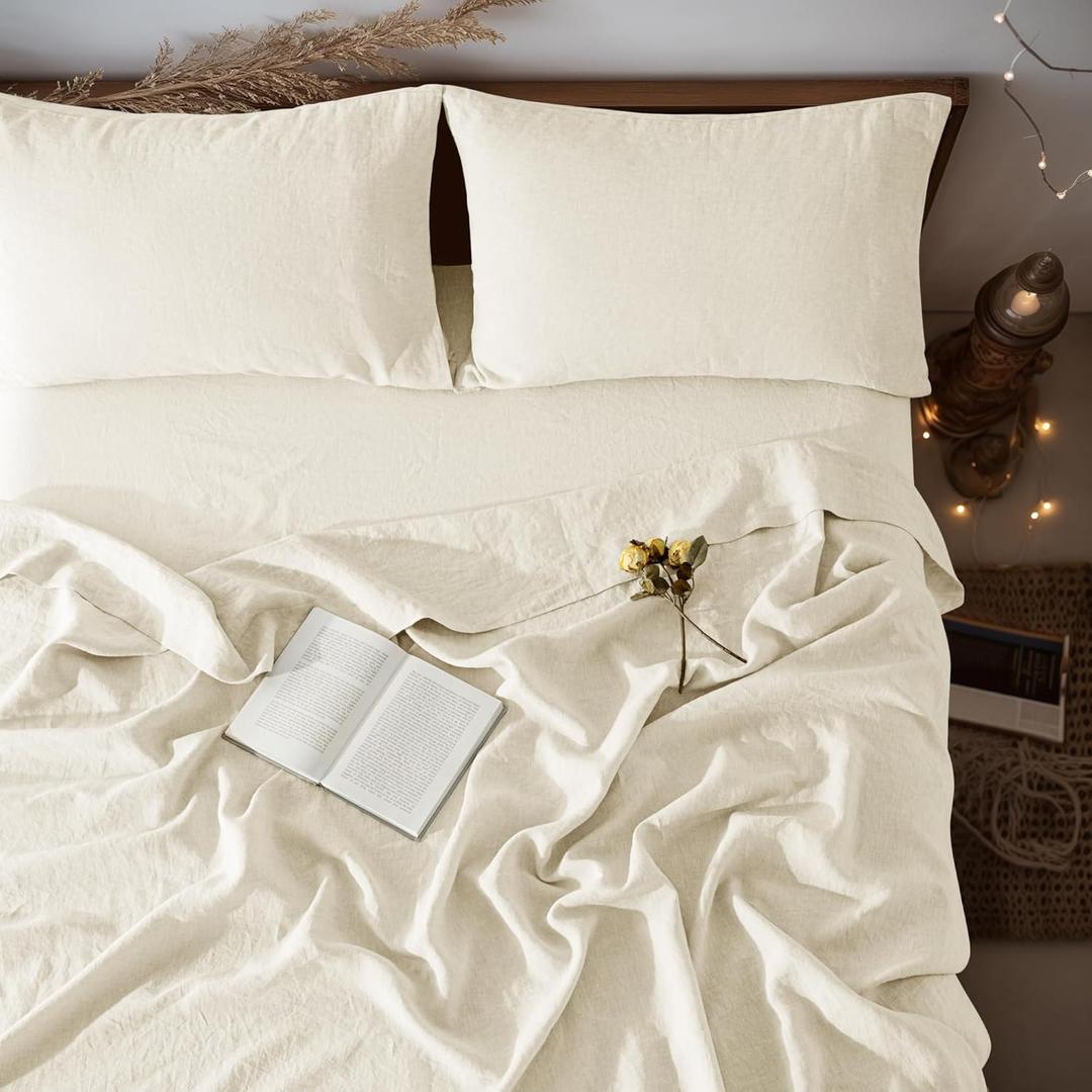 LBRO2M 100% Linen Sheet Set King Size,Bed Sheets 4 Piece Sets,Solid Color Natural Flax Bed Sheets Soft Breathable Bedding,16" Deep Pocket,All Season (King)