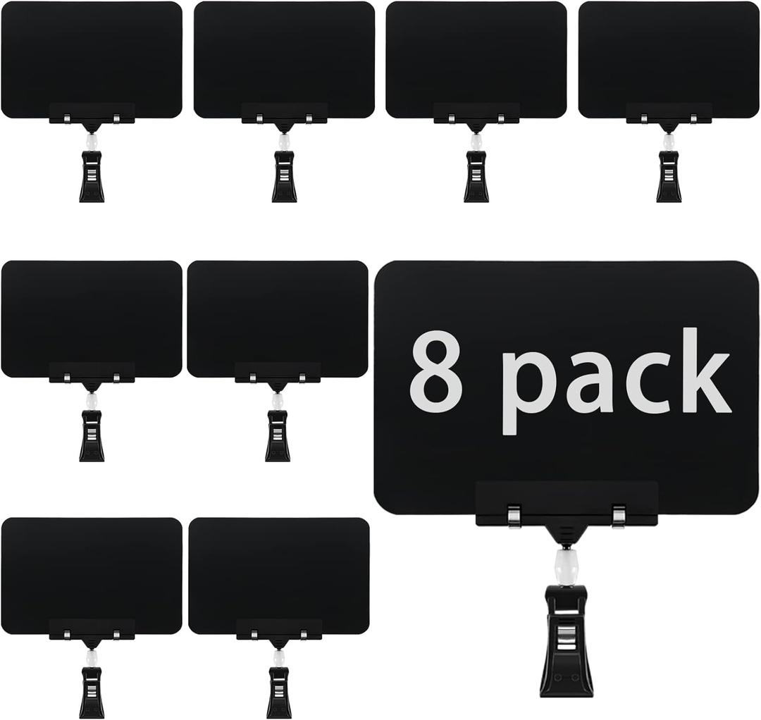 8 Pack Rotating Clip Pop Swivel Sign Rotatable Holding Clamp Sign Holder, Plastic Merchandise Sign Display Clip Holder with 2 Chalk Markers for Food, Store Signs Displays, black
