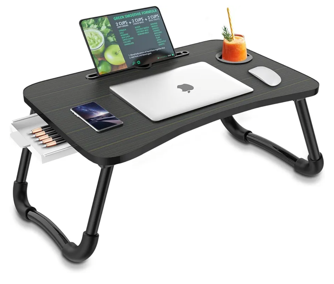 Zapuno Foldable Laptop Bed Table Multi-Function Lap Serving Tray Dining Table with Storage Drawer and Water Bottle Holder, Slot for Eating, Working on Couch/Sofa (Arc Shape)