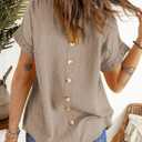 Dokotoo Womens Summer Tops Lace Crochet Short Sleeve Shirts Chiffon Blouses | Blouses for Women Dressy Casual, Solid Loose Fit, Fashion Womens Summer Outfits, Lightweight Pom Boho Tops, Back Button Down (Beige, XXL)
