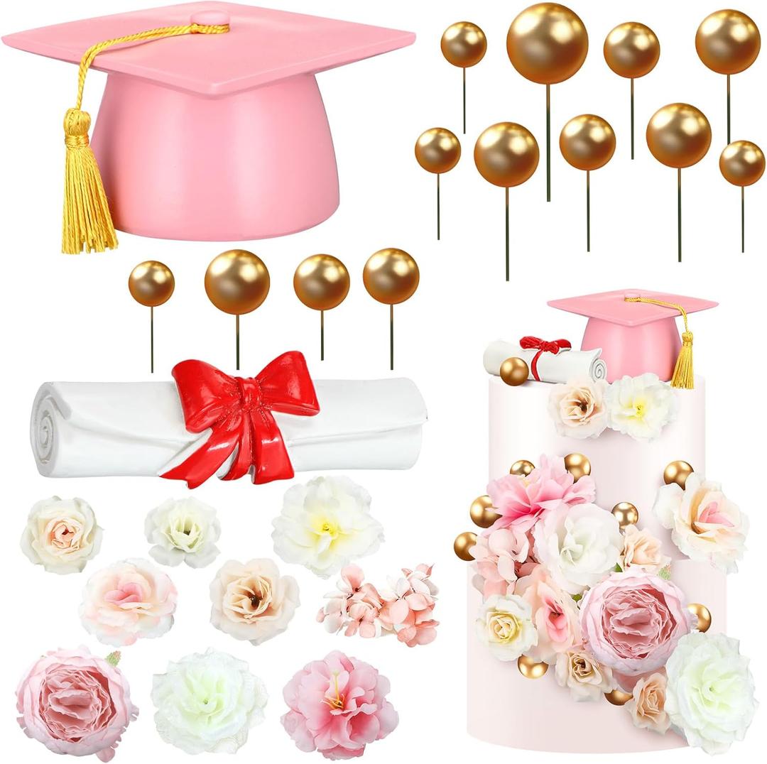 Wavwavw 50 Pcs Resin Graduation Cake Topper Class of 2026 Cap and Diploma Gold Balls Kit Congrats Grad Cake Decorations for Master Graduation Party Middle High School Supplies(Pink)