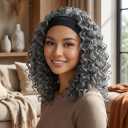 CINHOO Silver Grey Headbands Wigs For Black Women Curly Wavy Salt and Pepper Half Wigs With Headband Attached for Black Women Shoulder Length for Daily Use (16inch)