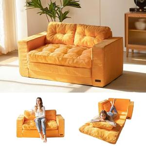MAXYOYO Convertible Sofa Bed, Pull Out Loveseat Sleeper Sofa, 2 in 1 Folding Couch Bed, Fold Out Floor Couch with Pillows for Living Room Bedroom Lounge, Orange