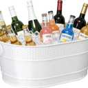 Galvanized Metal Beverage Tub for Parties - 4.5 Gallon Ice Bucket Drink Cooler with Handles, Mimosa Bar Supplies for Wine, Champagne, Beer, Cocktails and Soda, White, 18" x 11.5" x 7.5"