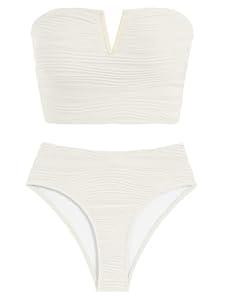 ZAFUL Bandeau Swimsuits for Women Textured Lace up High Waisted Bathing Suit 2025 Strapless V-Neck Two Piece Bikini Set Beige, L