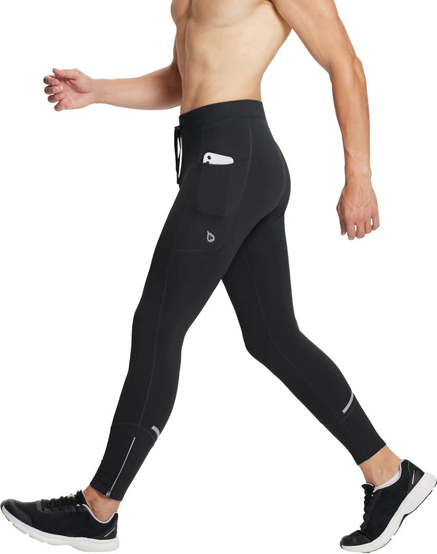 Baleaf Men's Winter Running Tights Thermal Cycling Pants Water Resistant Pockets Zipper Legs Cold Weather (Large, Black)