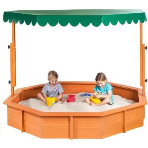 Sandbox with Lid Wood Toddler Sand Boxes with Canopy for Backyard Garden Octagonal Sandbox with Cover Outdoor Playhouse with Adjustable Lid for Aged 3-10 Years Old