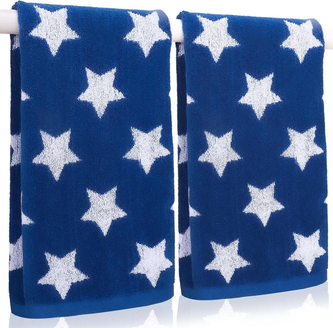 2Pcs Patriotic Hand Towels 4th of July Americana Blue White Star Cotton Bathroom Towel Independence Day Bathroom Absorbent Towels for Kitchen Gym Yoga Drying Cleaning Cooking, 29.5 x 13.4 Inch