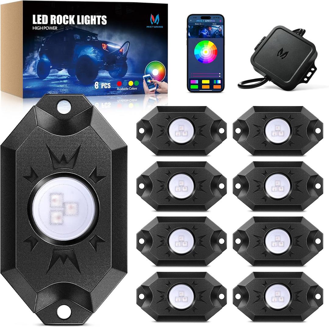 MICTUNING 2nd-Gen CM RGB Rock Lights - 8 Pods Waterproof Multicolor Neon Underglow Kit with Bluetooth App Control & Music Mode for Trucks Pickup UTV SUV ATV