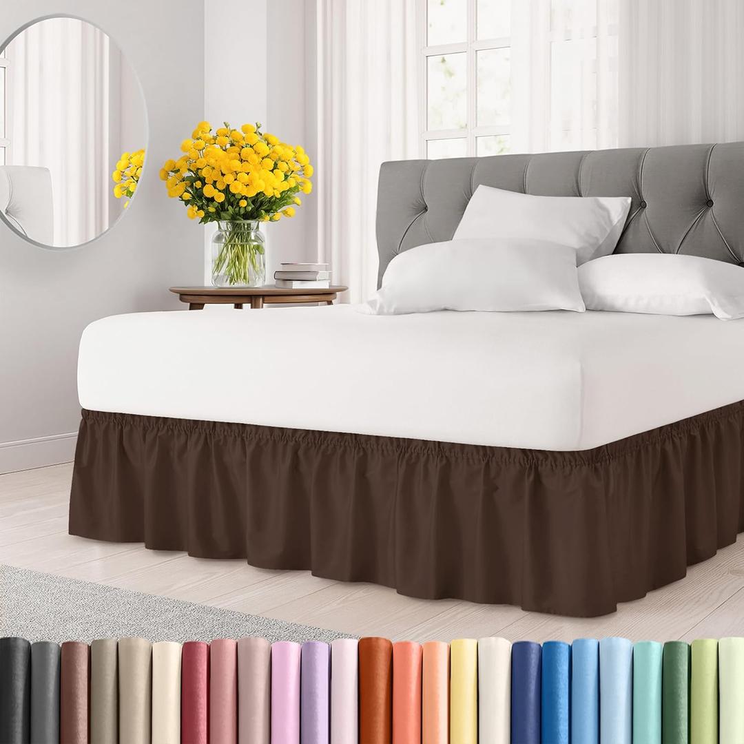 Wrap Around Dust Ruffle Bed Skirt - Brown - for King Size Beds with 15 Inch Drop - Easy Fit Elastic Strap - Adjustable Pleated Bedskirt w/Brushed Fabric - Wrinkle Free - for Women, Men, Kids & Teens