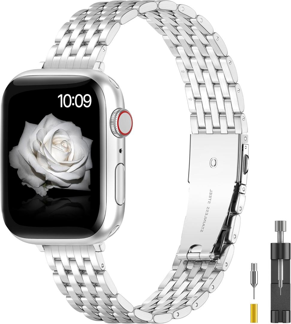 for Apple Watch Band 41mm 40mm 38mm
 Series 9 8 7 6 5 4 3 2 1 SE SE2 Women and Men,Classic Stainless Steel Metal Watchband for iWatch Bands,Pretty Shiny Look (Brushed Silver)