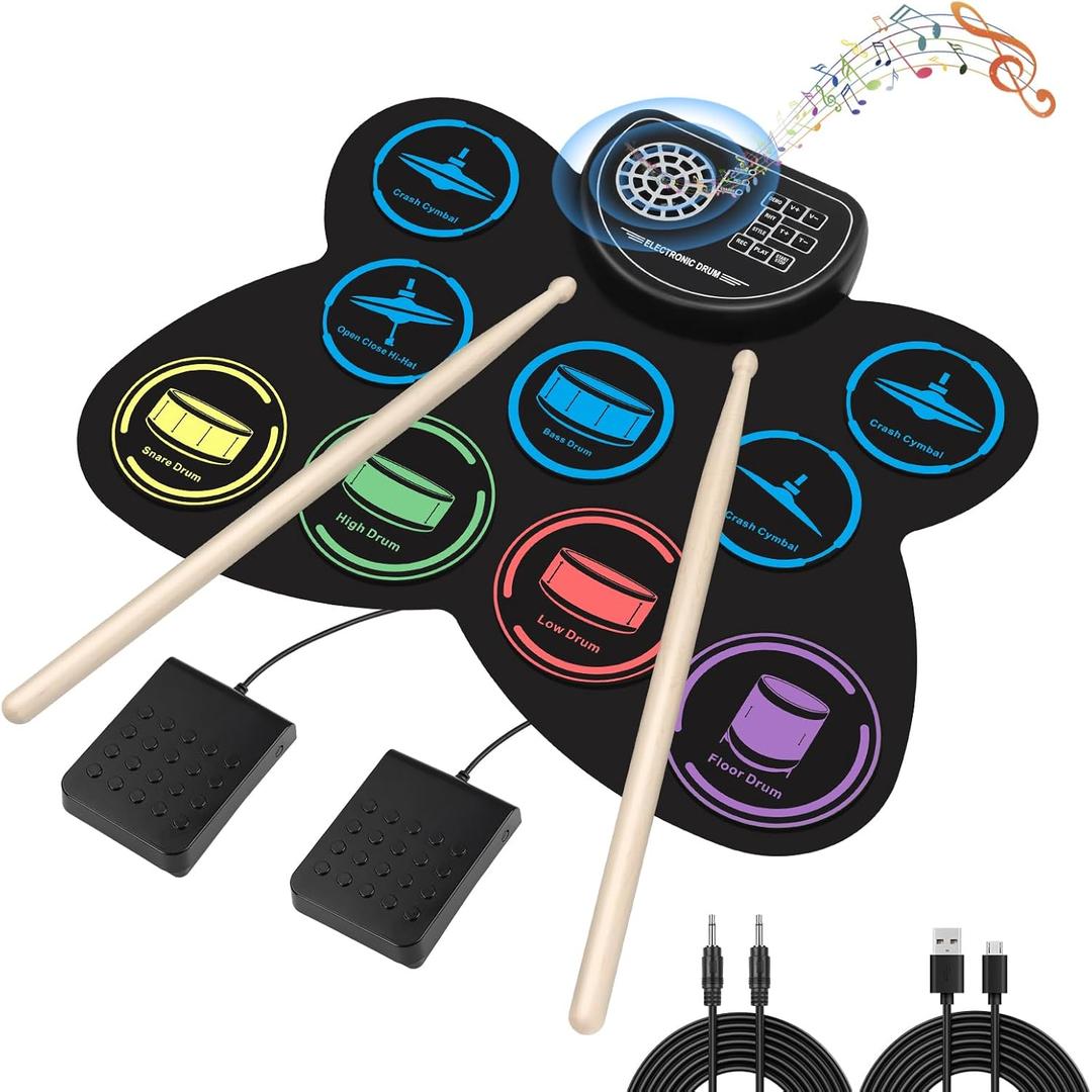 Electronic Drum Set, Marrilley 9 Drum Practice Pad with Headphone Jack, Roll-up Pad Machine Built-in Speaker Drum Pedals Sticks 10 Hours Playtime, Great Holiday Xmas Birthday Gift for Kids