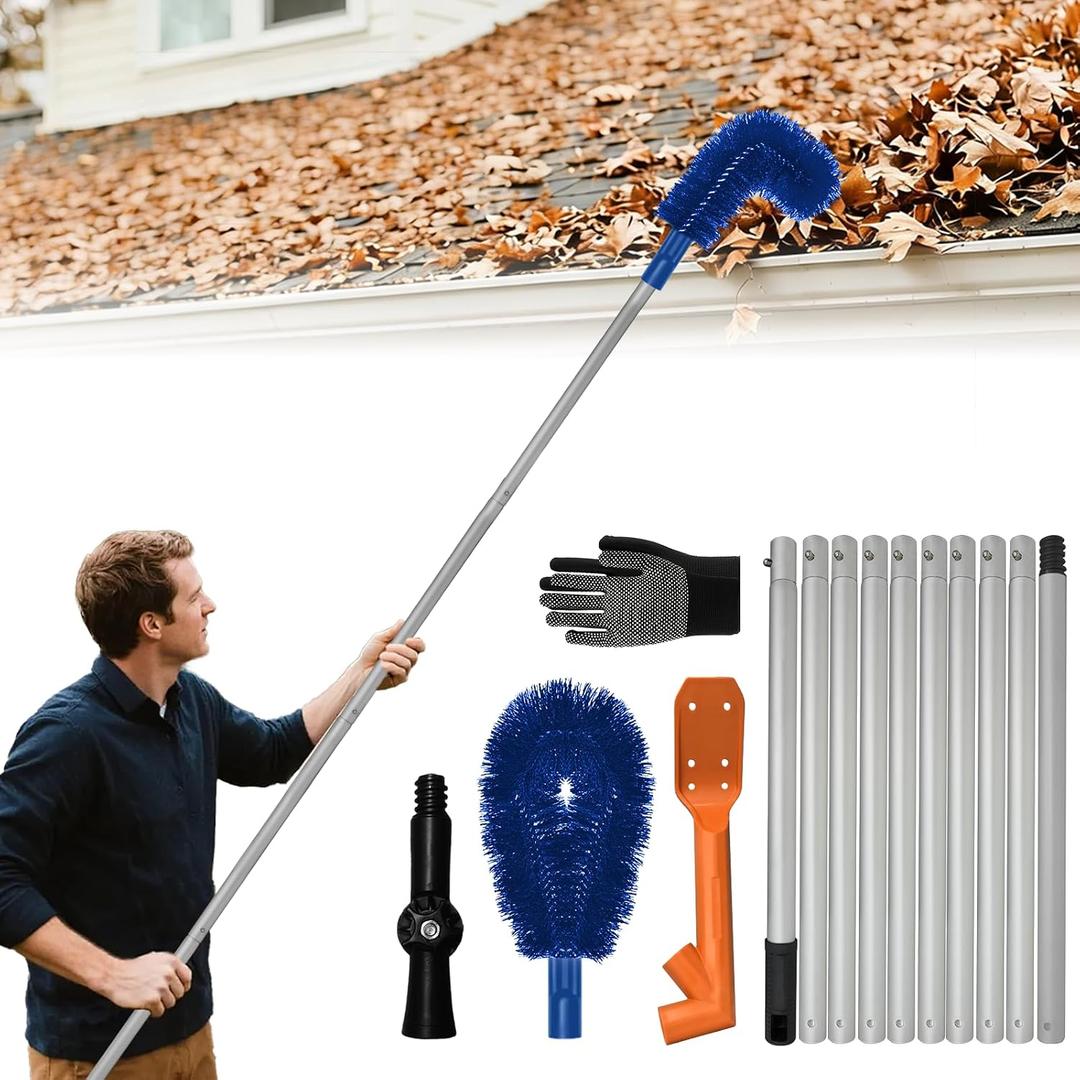 Longtor 12.9FT Gutter Cleaning Tools from Ground Aluminum Extension Pole with Bendable Brush, Deep Scoop & Swivel Head, Telescopic Roof Cleaner for Gutters/Swimming Pool, No Ladder Required