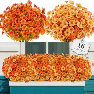 AGIRL 16 Bundles Artificial Fall Flowers Outdoor Indoor Decoration,No Fade Autumn Fake Plastic Plants with Eucalyptus Leaves,Faux Mums for Thanksgiving Garden Front Door Porch Patio Fall Decor (Orangeyellow)
