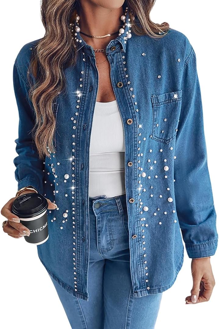 CHICME Women’s Pearl Rhinestone Embellished 2025 Denim Shirt Long Sleeve Button Down Turn Down Collar Casual Jean Blouse Top for Daily and Party-Blue-S