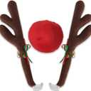 OxGord Reindeer Antlers & Nose - Christmas Decorations for Window Roof-Top & Grille Rudolph Reindeer Kit - Auto Holiday Exterior Accessories Kit Best for Car SUV Van Truck