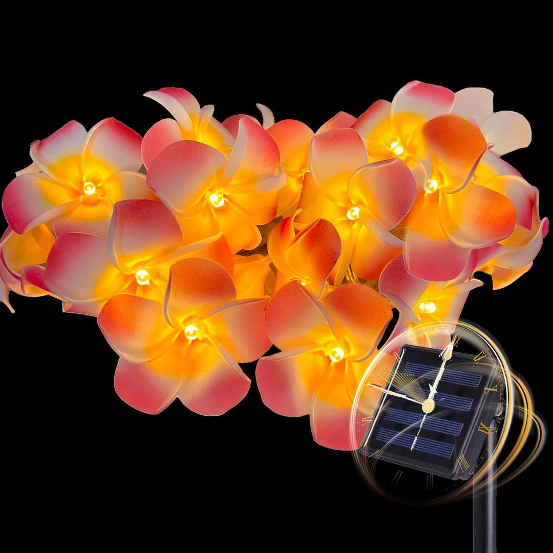 Solar Garden Lights 20Ft 20LED - Waterproof Outdoor String Lights with Hawaiian Plumeria Flowers - Tropical Floral Flower for Fence, Yard, Patio, Party Decor (Pink)