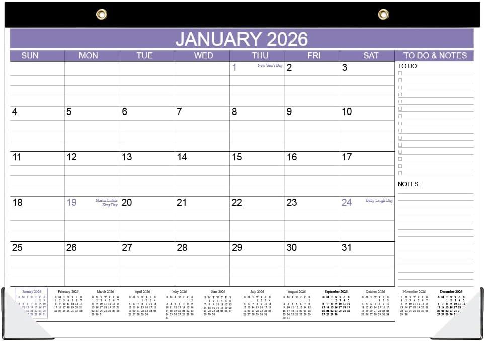 2026 Desk Calendar - Calendar 2026 from January 2026 - December 2026, Desk Calendar 2026 with to-do List, 12" x 17", Purple