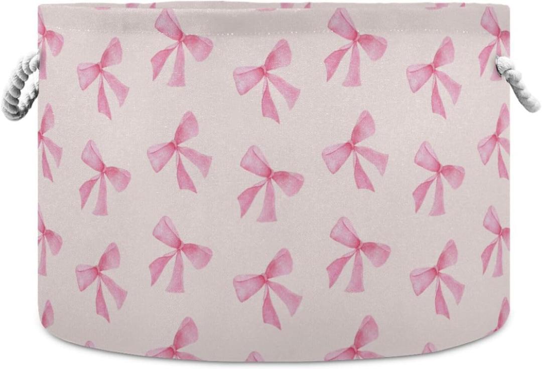 Burbuja Pink Bow Round Storage Basket with Cotton Rope Handles, Laundry Basket for Blankets, Toys, Nursery, Living Room Decoration (A61)