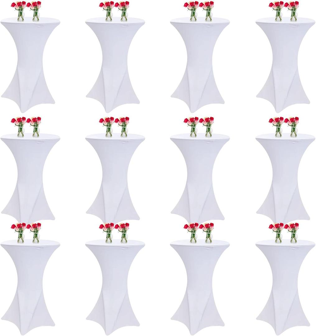 32 x 43 Inches Highboy Spandex Cocktail Table Cover, Round Cocktail Tablecloth Stretch Fitted Tablecloth for Round Bottom Table Bar Pub Wedding Party Banquet Birthday Supplies (White, 12 Pieces)