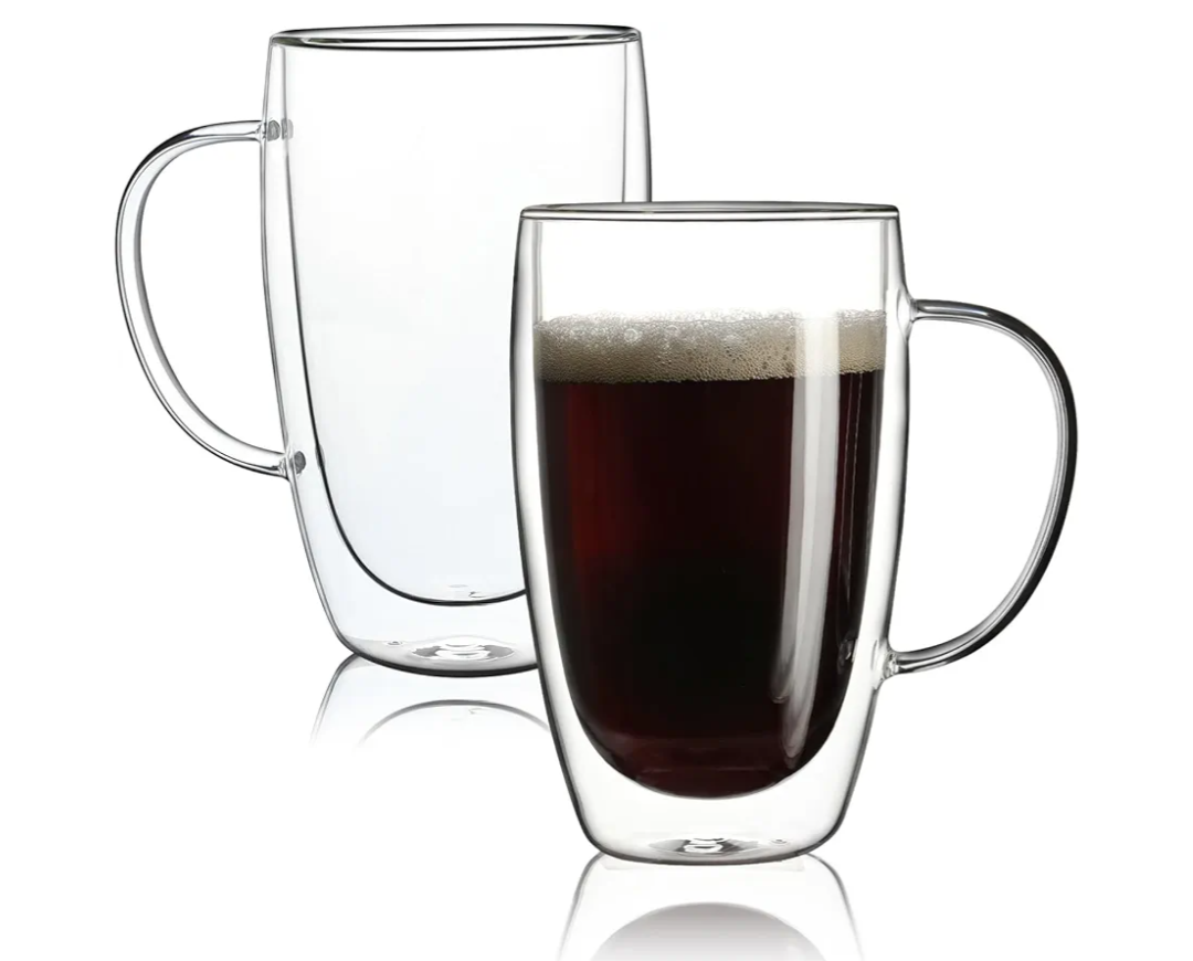 Aurzen 2 Pack Double Walled Glass Coffee Mugs with Handles, Large Insulated Layer Coffee Cups, 15oz Clear Borosilicate Mugs, Perfect for Cappuccino, Tea, Microwave Safe