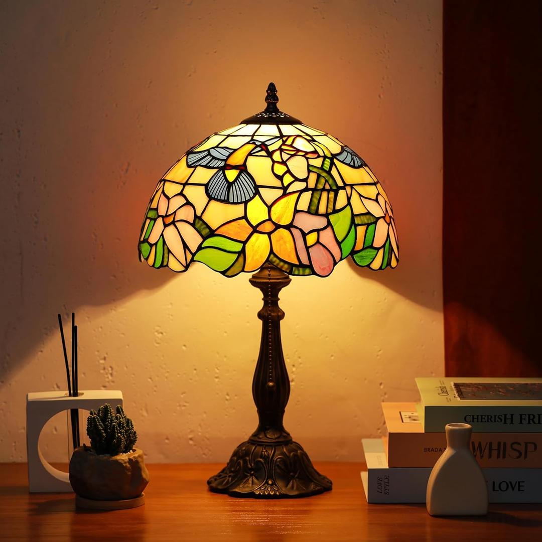 Tiffany Lamps Blue Hummingbird Style Stained Glass Table Lamp Desk Bedside Reading Light 12X12X18.5 Inches with Bronze Resin Base Applicable to Bedroom Living Room Office