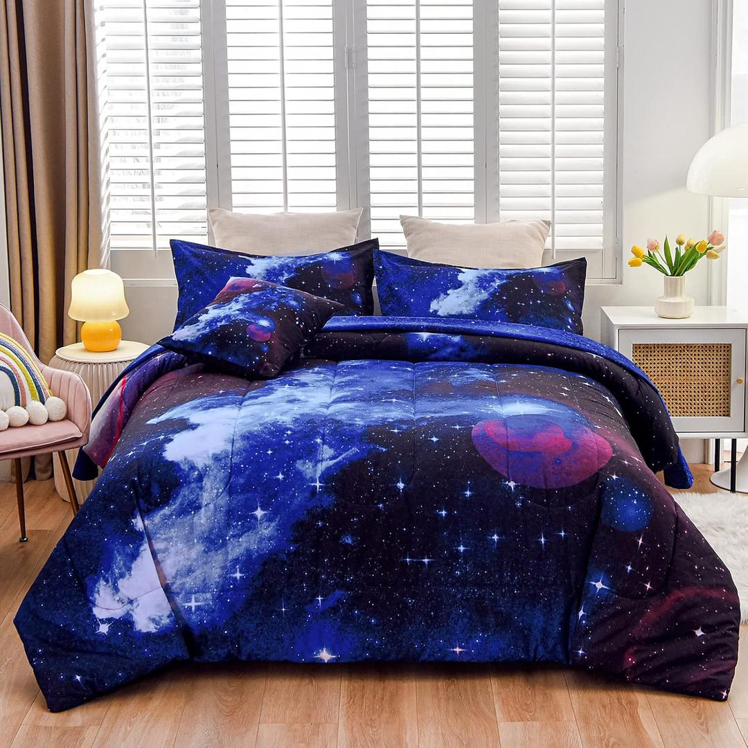 A Nice Night Galaxy 6Pcs Bedding Sets Outer Space Comforter Bed in a Bag 3D Printed Quilt,for Children Boy Girl Teen Kids,Full 6Pcs (Blue)