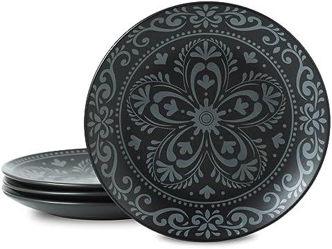 YELLOYA Ceramic 8-inch Dessert Plates - Set of 4 Porcelain Salad Plates for Serving Dinner, Pizza, Pasta, Snacks and Appetizers with Blue Print Design