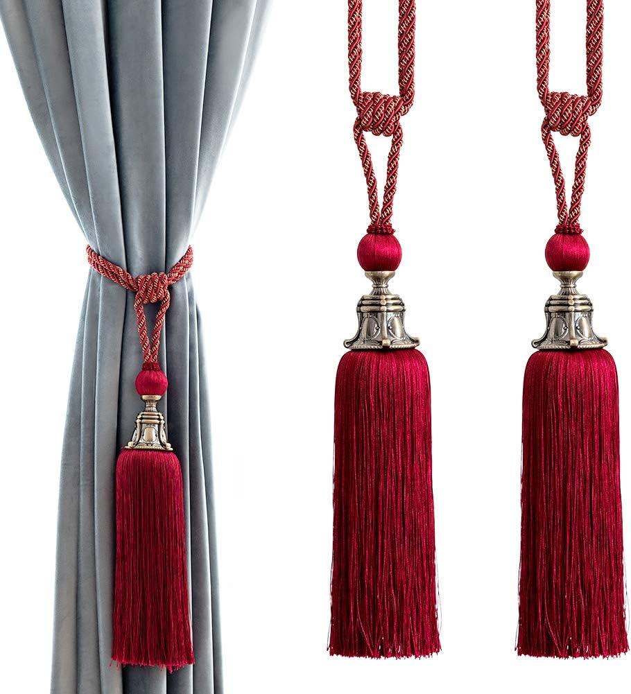 Melodieux Decorative Curtain Tiebacks Antique Tassels Holdbacks - Home Office Windows Drapery Fasteners Fringe Ropes, Set of 2 (Red)